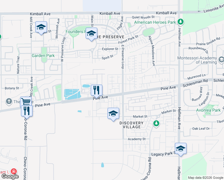 map of restaurants, bars, coffee shops, grocery stores, and more near 16205 Spicebush Lane in Chino