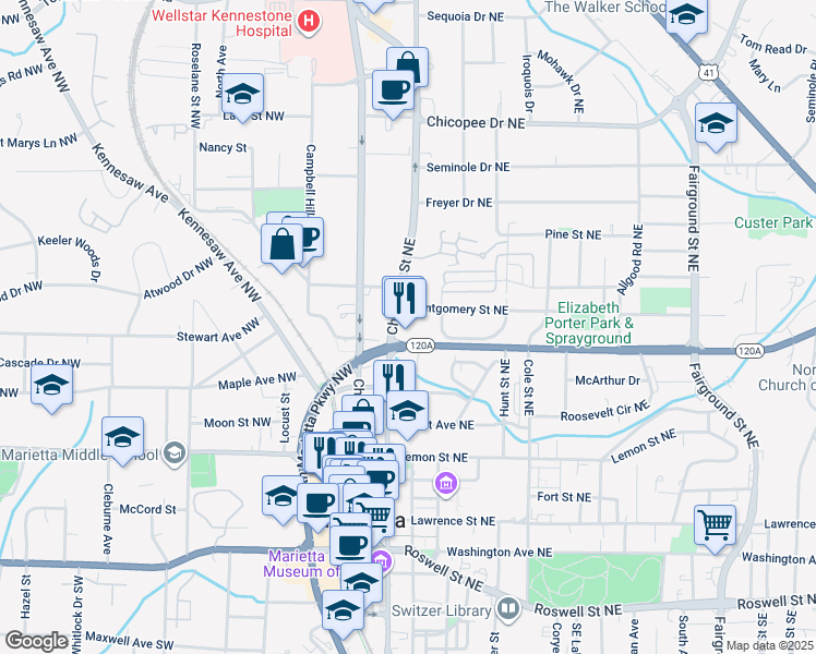 map of restaurants, bars, coffee shops, grocery stores, and more near 164 Montgomery Street Northeast in Marietta