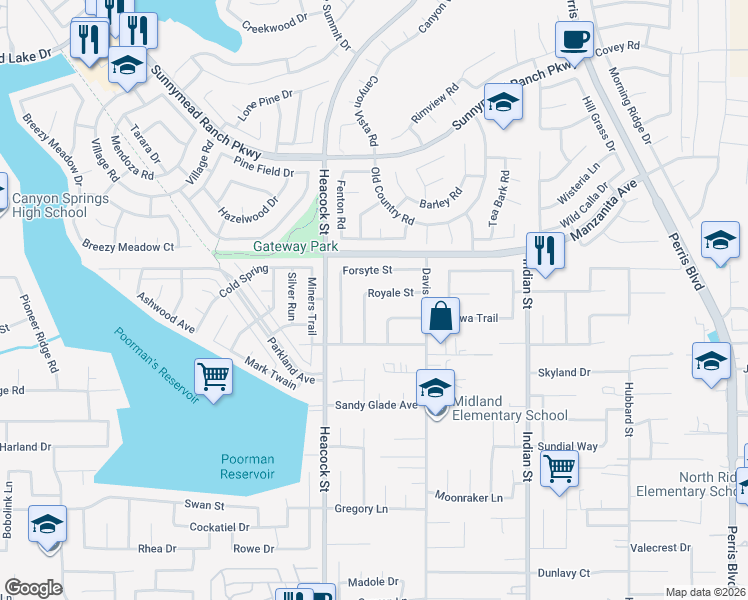 map of restaurants, bars, coffee shops, grocery stores, and more near 24115 Royale Street in Moreno Valley