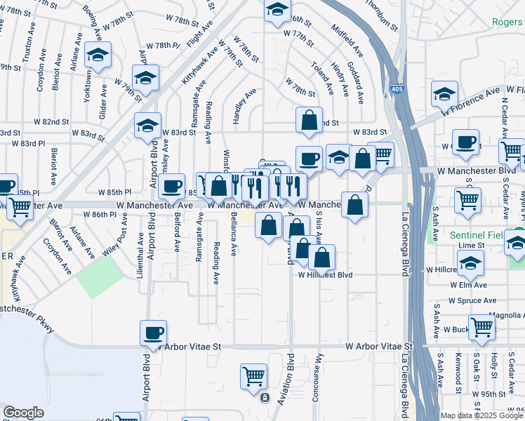 map of restaurants, bars, coffee shops, grocery stores, and more near 8600-8788 Portal Ave in Los Angeles
