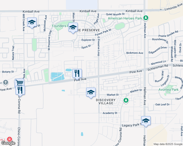 map of restaurants, bars, coffee shops, grocery stores, and more near 8445 Snapdragon Lane in Chino