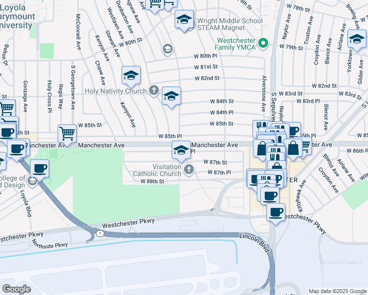 map of restaurants, bars, coffee shops, grocery stores, and more near 8600 Emerson Avenue in Los Angeles