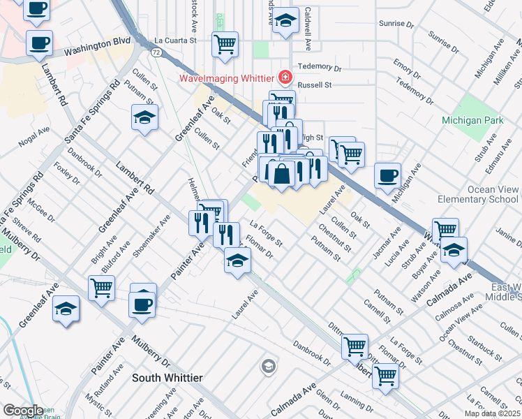 map of restaurants, bars, coffee shops, grocery stores, and more near 8609 Guilford Avenue in Whittier