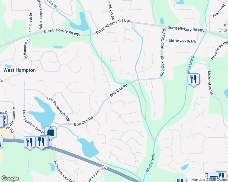 map of restaurants, bars, coffee shops, grocery stores, and more near 3024 Bob Cox Road in Marietta