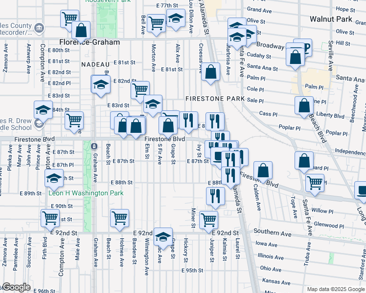 map of restaurants, bars, coffee shops, grocery stores, and more near 8613 Hickory Street in Los Angeles