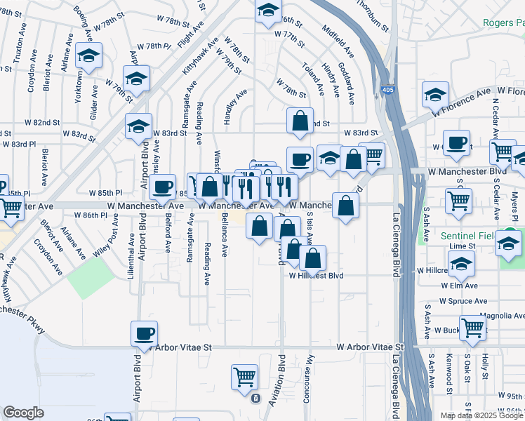 map of restaurants, bars, coffee shops, grocery stores, and more near 5583 West Manchester Avenue in Los Angeles