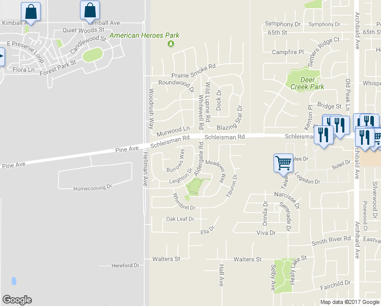map of restaurants, bars, coffee shops, grocery stores, and more near 7035 Leighton Drive in Corona