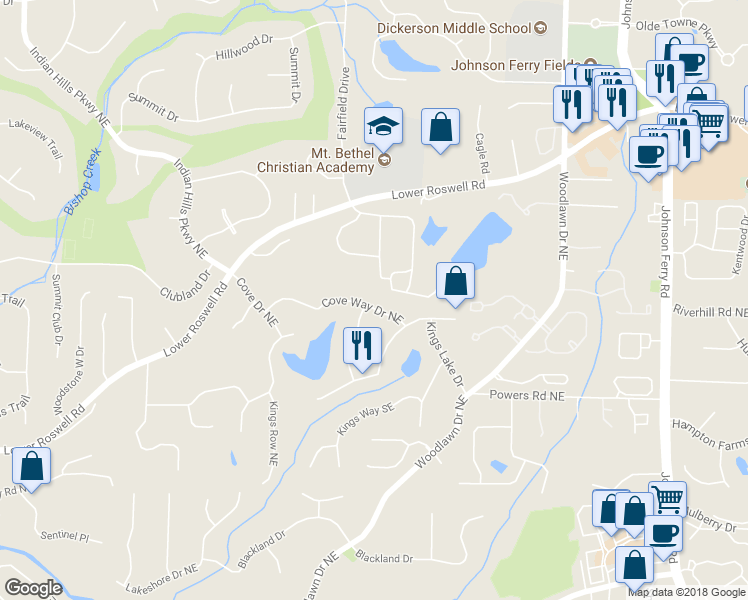 map of restaurants, bars, coffee shops, grocery stores, and more near 4367 Cove Way Drive Northeast in Marietta