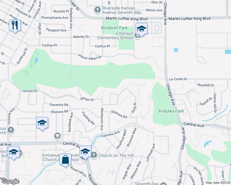 map of restaurants, bars, coffee shops, grocery stores, and more near 2023 Arroyo Drive in Riverside