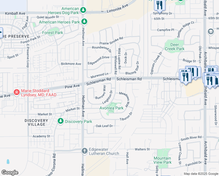 map of restaurants, bars, coffee shops, grocery stores, and more near 7035 Leighton Drive in Corona