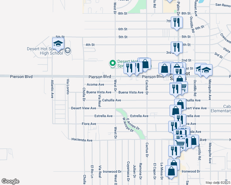 map of restaurants, bars, coffee shops, grocery stores, and more near Buena Vista Avenue in Desert Hot Springs