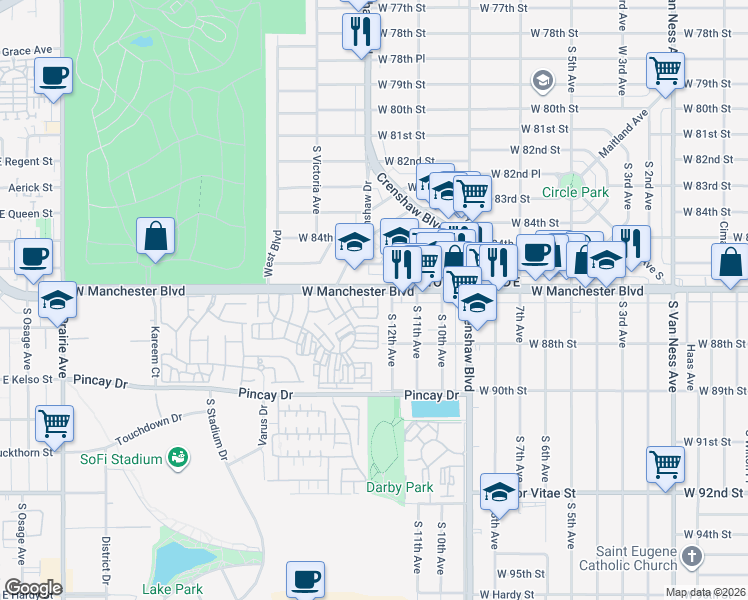 map of restaurants, bars, coffee shops, grocery stores, and more near 3424 West Manchester Boulevard in Inglewood