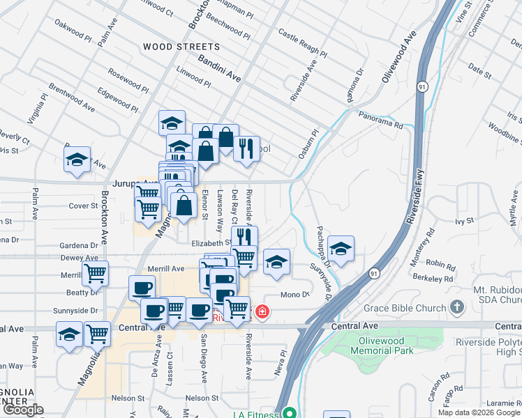 map of restaurants, bars, coffee shops, grocery stores, and more near 6030 Hamilton Drive in Riverside