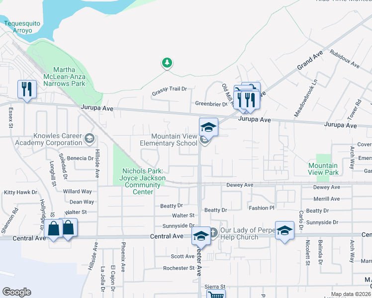 map of restaurants, bars, coffee shops, grocery stores, and more near 6146 Rhonda Road in Riverside