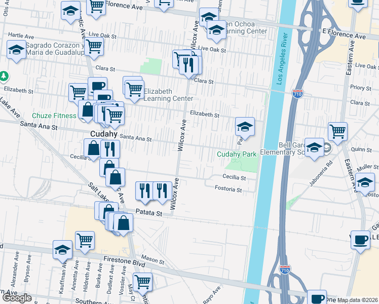 map of restaurants, bars, coffee shops, grocery stores, and more near 5002 Santa Ana Street in Cudahy