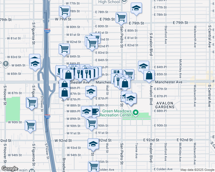 map of restaurants, bars, coffee shops, grocery stores, and more near 158 East Manchester Avenue in Los Angeles