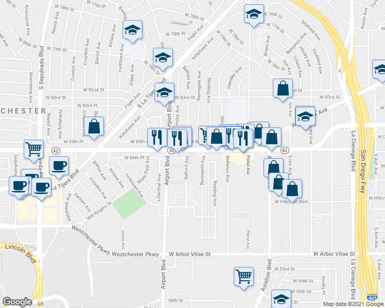 map of restaurants, bars, coffee shops, grocery stores, and more near 5815 West Manchester Avenue in Los Angeles