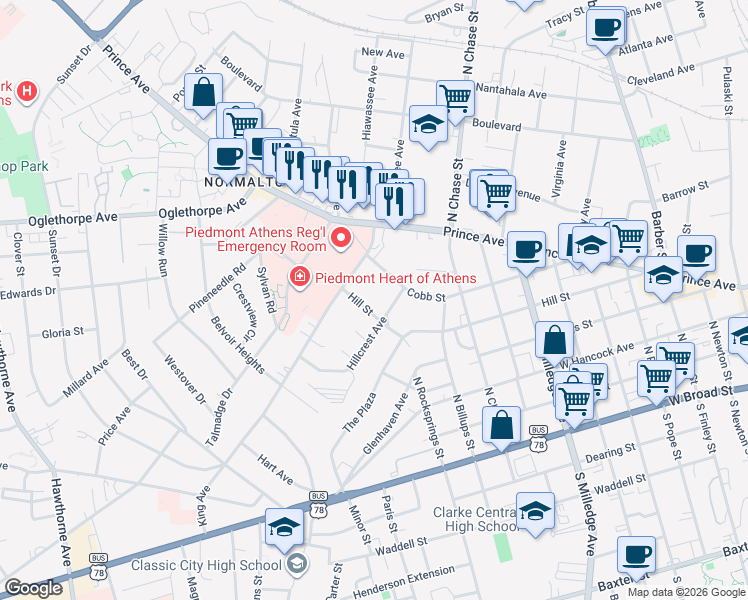 map of restaurants, bars, coffee shops, grocery stores, and more near 940 Hill Street in Athens