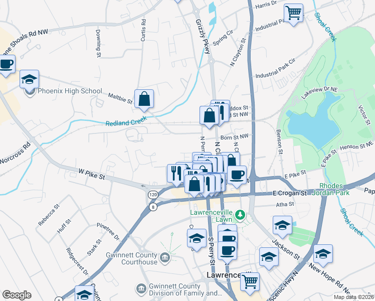 map of restaurants, bars, coffee shops, grocery stores, and more near 405 North Perry Street in Lawrenceville