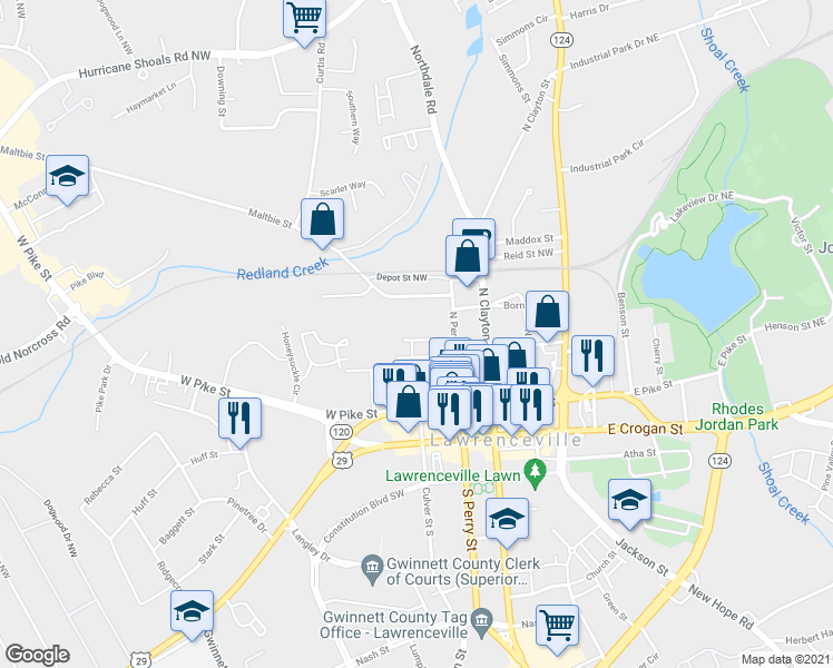 map of restaurants, bars, coffee shops, grocery stores, and more near 405 North Perry Street in Lawrenceville