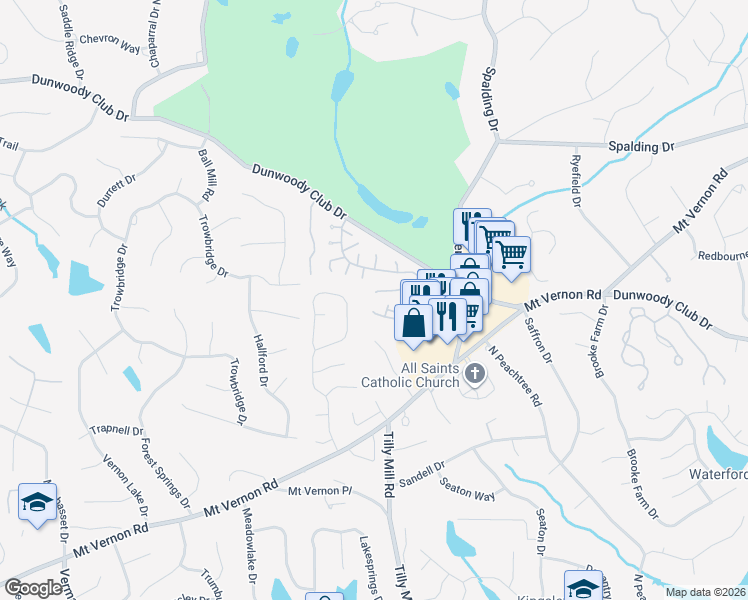 map of restaurants, bars, coffee shops, grocery stores, and more near 2002 Woodland Way in Dunwoody