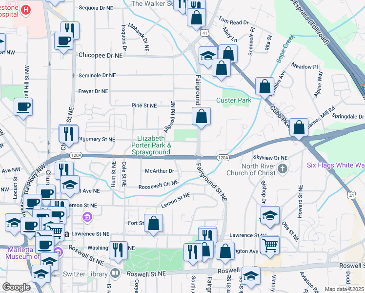 map of restaurants, bars, coffee shops, grocery stores, and more near 466 Birney Street Northeast in Marietta