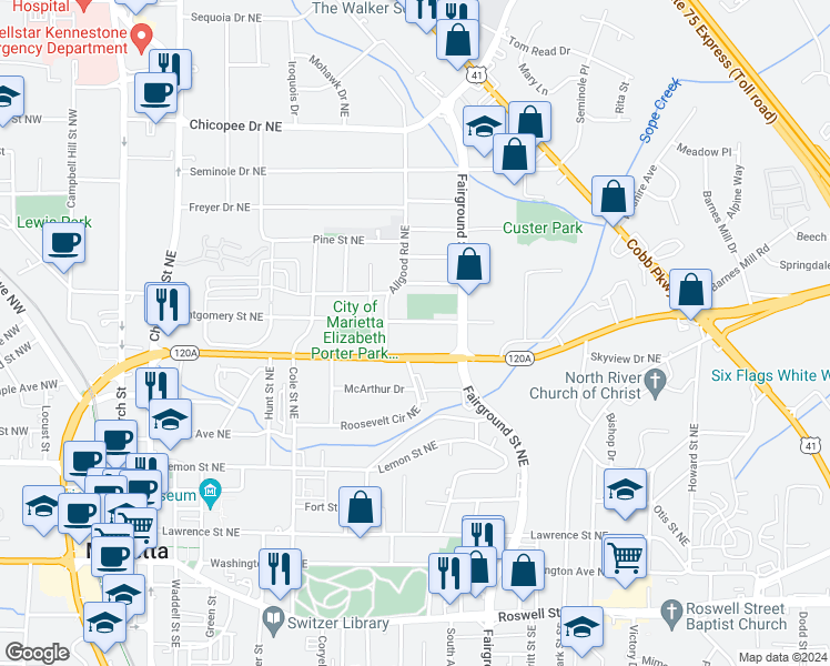 map of restaurants, bars, coffee shops, grocery stores, and more near 454 Birney Street Northeast in Marietta