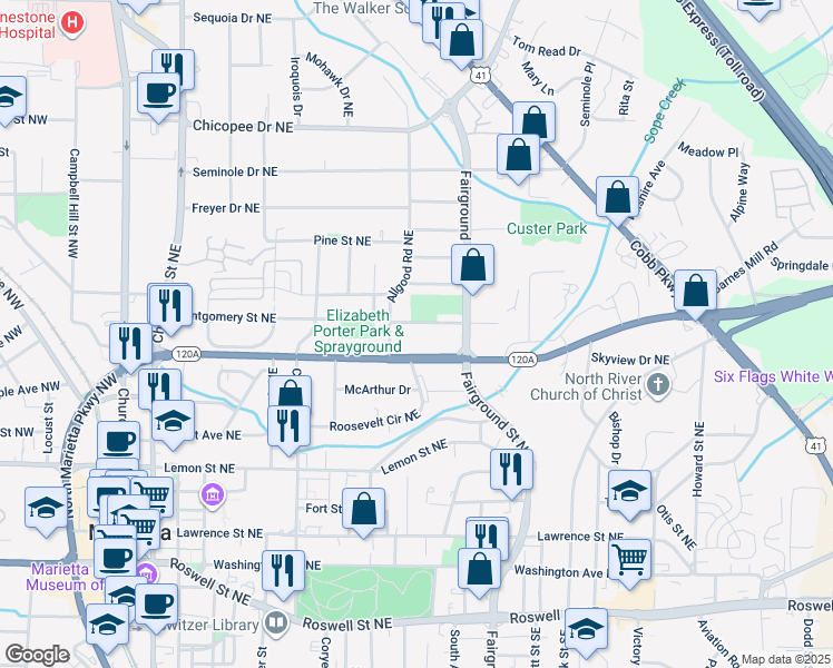 map of restaurants, bars, coffee shops, grocery stores, and more near 462 Birney Street Northeast in Marietta