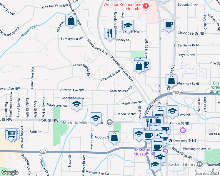 map of restaurants, bars, coffee shops, grocery stores, and more near 176 Stewart Avenue Northwest in Marietta
