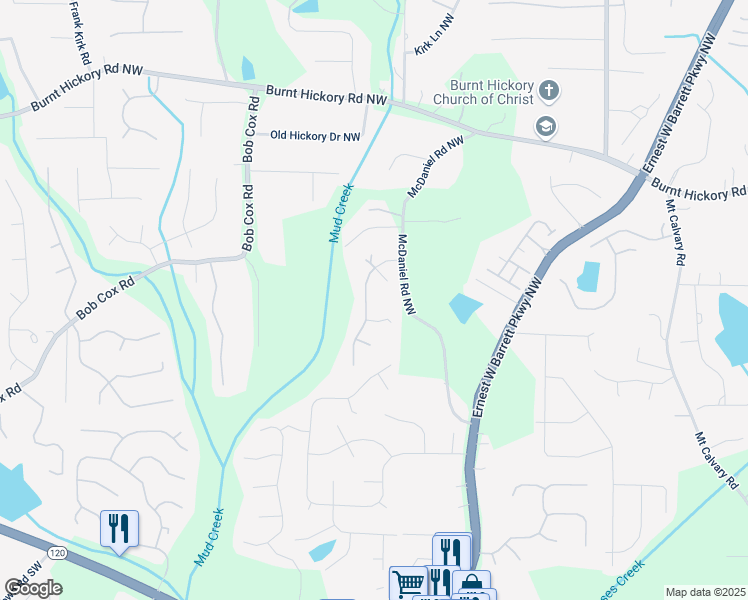 map of restaurants, bars, coffee shops, grocery stores, and more near 222 Rippling Drive Northwest in Marietta