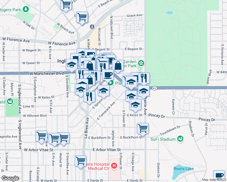 map of restaurants, bars, coffee shops, grocery stores, and more near 432 East Spruce Avenue in Inglewood