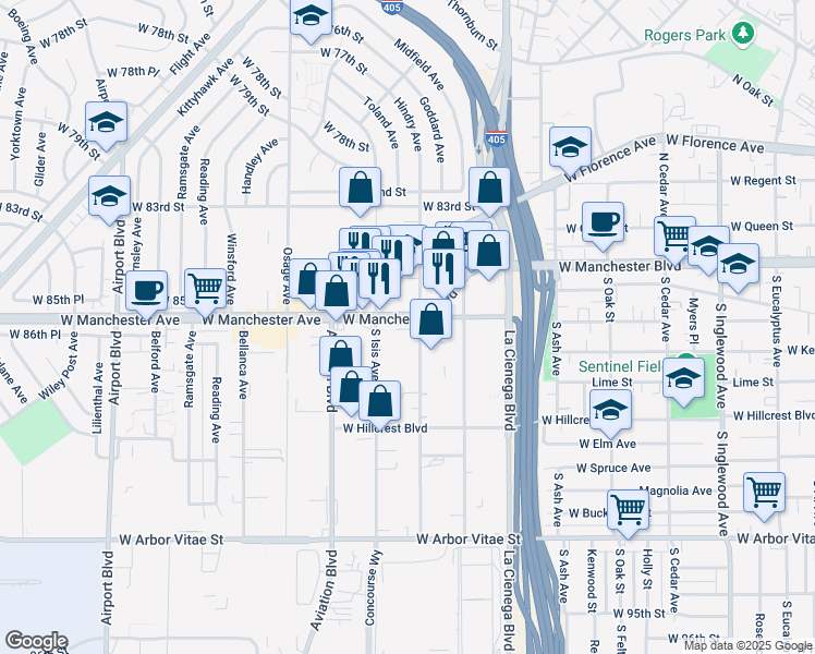 map of restaurants, bars, coffee shops, grocery stores, and more near 1000 West Manchester Boulevard in Inglewood