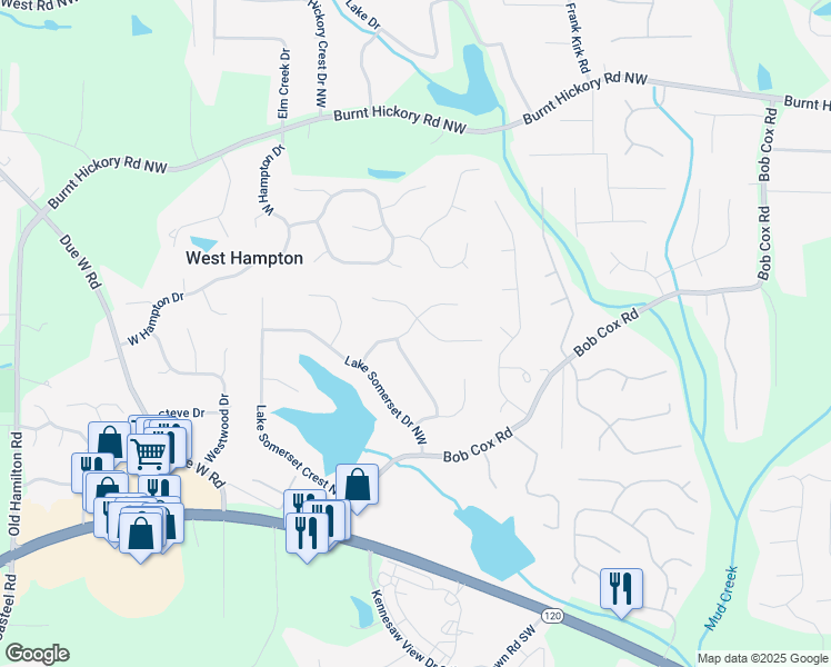 map of restaurants, bars, coffee shops, grocery stores, and more near 3277 Sutcliffe Ridge Northwest in Marietta