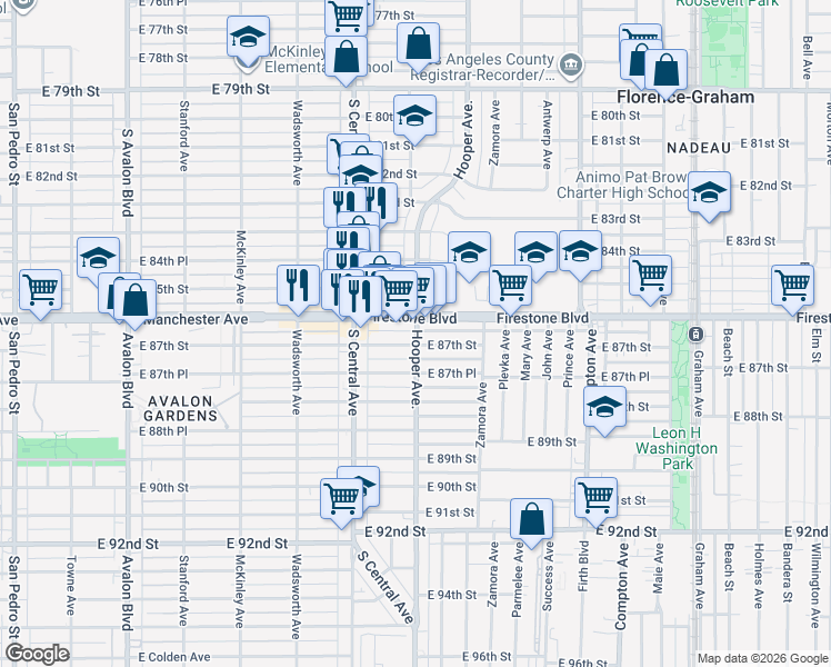 map of restaurants, bars, coffee shops, grocery stores, and more near 9318 Hooper Avenue in Los Angeles