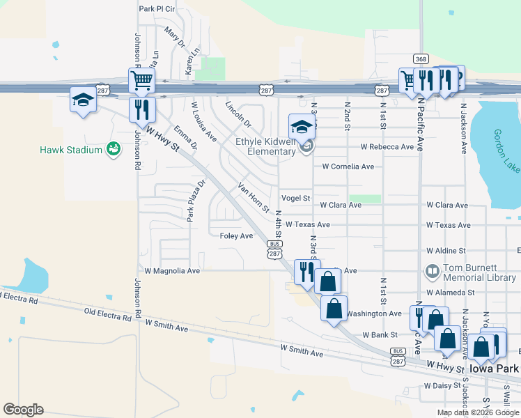 map of restaurants, bars, coffee shops, grocery stores, and more near 915 Van Horn Street in Iowa Park