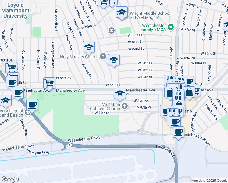 map of restaurants, bars, coffee shops, grocery stores, and more near 6615 West 86th Place in Los Angeles