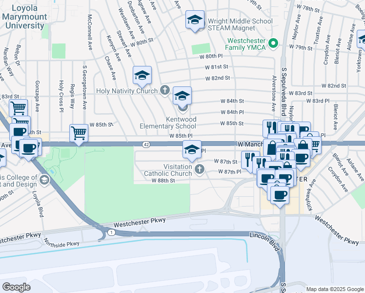 map of restaurants, bars, coffee shops, grocery stores, and more near 6615 West 86th Place in Los Angeles