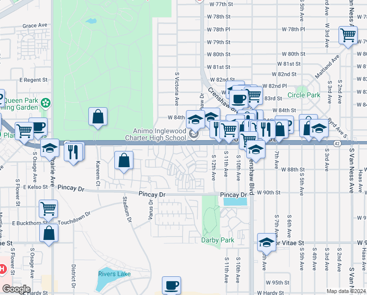 map of restaurants, bars, coffee shops, grocery stores, and more near 3500 West Manchester Boulevard in Inglewood