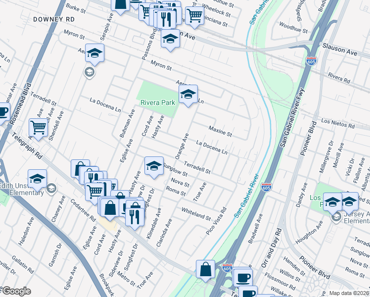 map of restaurants, bars, coffee shops, grocery stores, and more near 8320 Orange Avenue in Pico Rivera