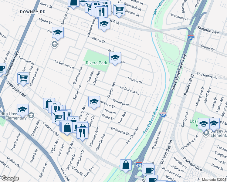 map of restaurants, bars, coffee shops, grocery stores, and more near 8320 Orange Avenue in Pico Rivera