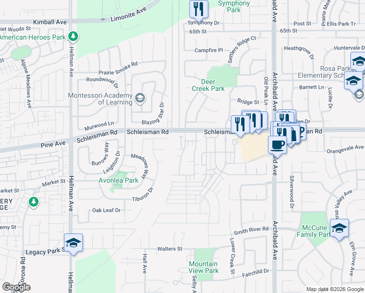 map of restaurants, bars, coffee shops, grocery stores, and more near 7039 Turin Place in Eastvale