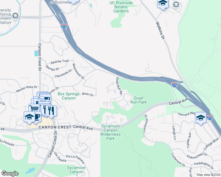 map of restaurants, bars, coffee shops, grocery stores, and more near 5059 Quail Run Road in Riverside