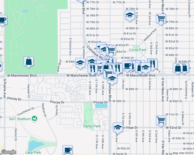 map of restaurants, bars, coffee shops, grocery stores, and more near in Inglewood
