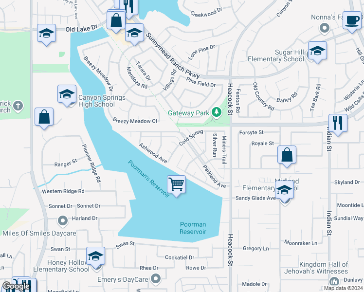 map of restaurants, bars, coffee shops, grocery stores, and more near 23737 Cold Spring in Moreno Valley