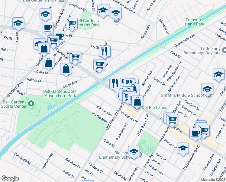 map of restaurants, bars, coffee shops, grocery stores, and more near 7236 Florence Avenue in Downey