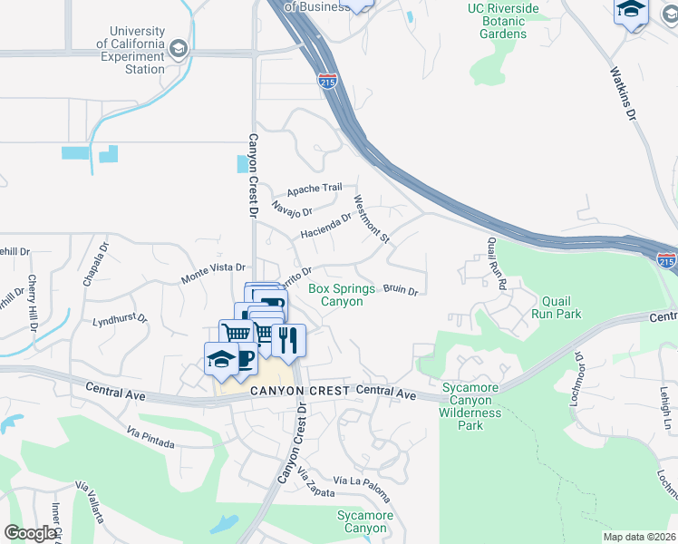 map of restaurants, bars, coffee shops, grocery stores, and more near 720 El Cerrito Drive in Riverside