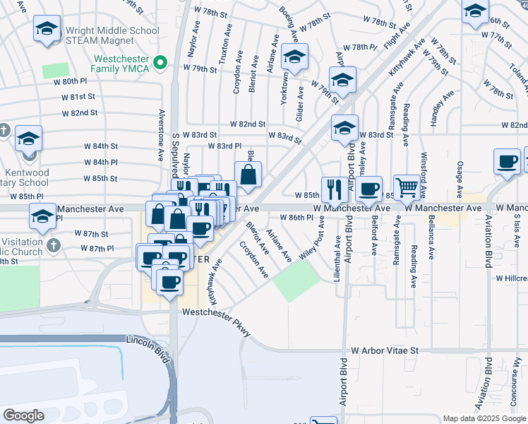 map of restaurants, bars, coffee shops, grocery stores, and more near 6069 West Manchester Avenue in Los Angeles
