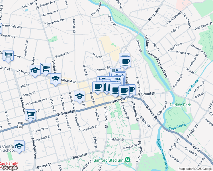map of restaurants, bars, coffee shops, grocery stores, and more near 301 College Avenue in Athens