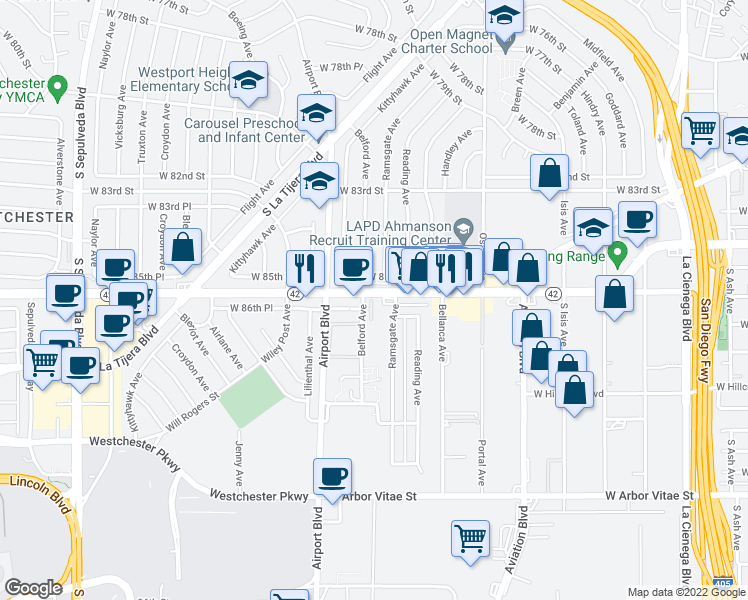 map of restaurants, bars, coffee shops, grocery stores, and more near 5815 West Manchester Avenue in Los Angeles