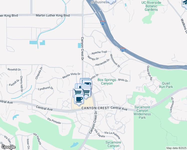 map of restaurants, bars, coffee shops, grocery stores, and more near 5165 Pearblossom Drive in Riverside